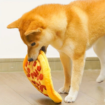 Bright yellow squeaky dog toy shaped like a pizza slice with a soft teddy fabric surface