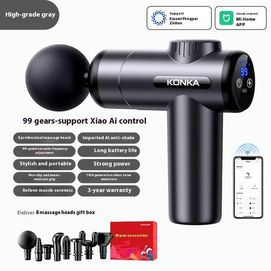 Konka V19 massage gun in grey colour with 8 silicone massage heads and charging wire