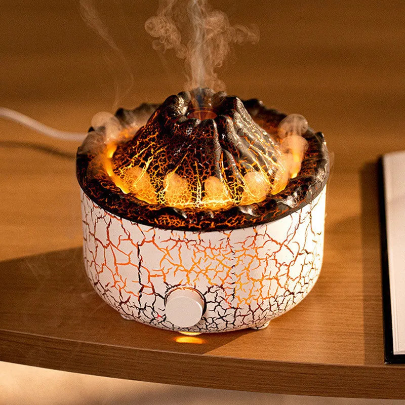 Volcanic humidifier with LED flame effect and mist spray on tabletop