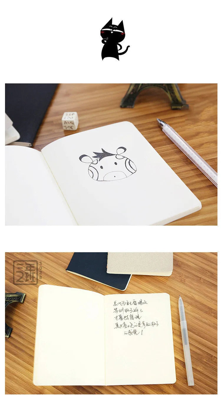 Retro plain graffiti sketchbook in black, white, cowhide colour, or grey with soft-text paper pages.