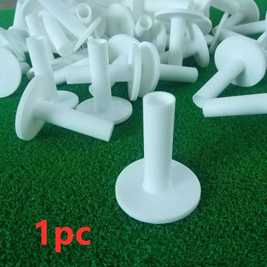 Premium white golf tees with adjustable heights ranging from 42mm to 80mm, presented in a 5-piece set for convenient use on the driving range or golf course