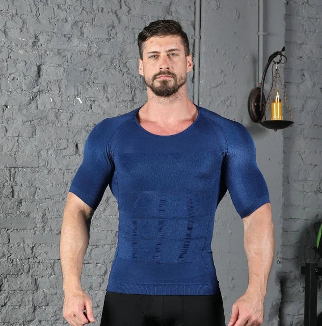 Men's Slimming Compression Chest Workout Tee in Blue, Black, and White colors