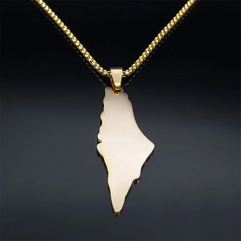 Stainless steel pendant necklaces featuring detailed maps of Israel and Palestine in vibrant colors