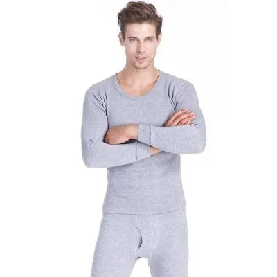 Men's plus velvet thick round neck thermal underwear set with long-sleeve pullover top and trousers in dark grey, light grey, black, or dark blue
