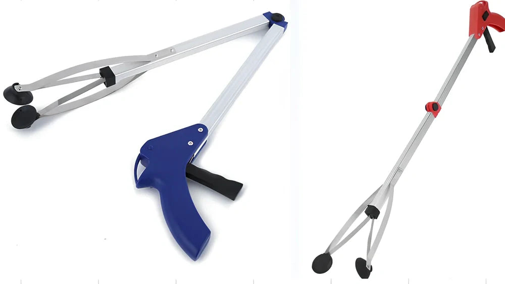 Blue aluminium folding grabber tool extended to 81cm with 8cm jaw opening showing rubber chuck