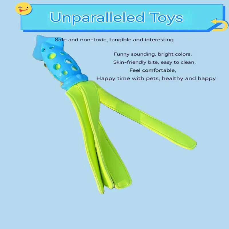 Blue cuttlefish-shaped dog chew toy with squeaker measuring approximately 39 cm