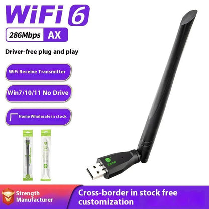Black WiFi6 wireless network card with USB connector for computer connectivity