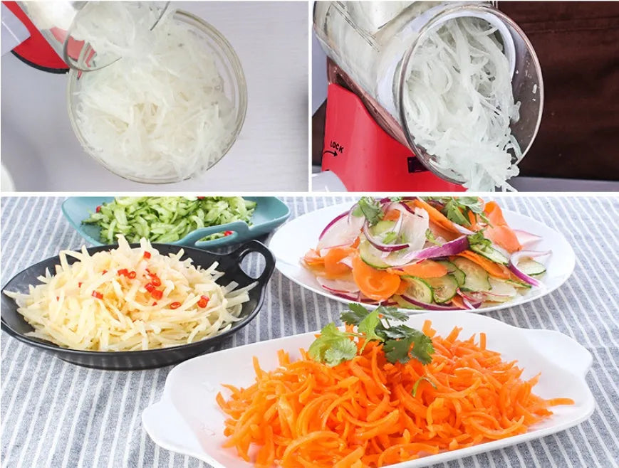 Blue multifunctional manual vegetable cutter with stainless steel blades for slicing potatoes and cheese.