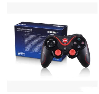 Upgraded X3 Bluetooth wireless game controller with mobile phone clip attached, showing textured grips and button layout