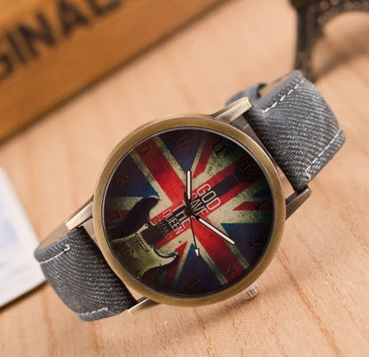 UK flag wrist watch with Union Jack dial, antique bronze finish, metal case and leather strap