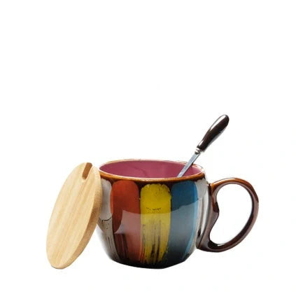 Handmade ceramic coffee mug with lid and spoon in vibrant colors, 350ml capacity