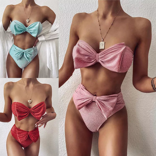Split bright silk bikini in pink, green, or red with adjustable chest support options