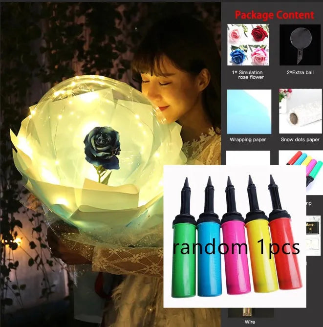Transparent LED luminous balloon rose bouquet with artificial flowers and illuminated lights