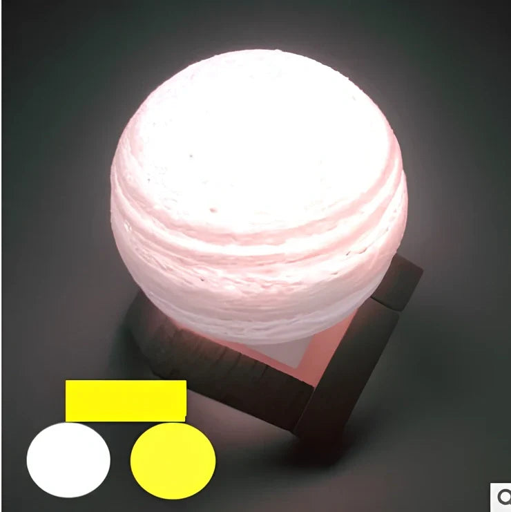 3D printed Earth and Jupiter lamps with touch control and solid wood bases in various sizes from 8cm to 22cm