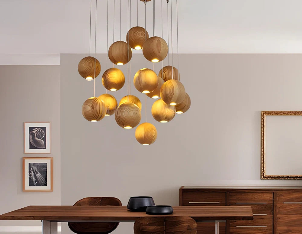 Nordic wood ball chandelier with adjustable height mechanism and solid wood construction