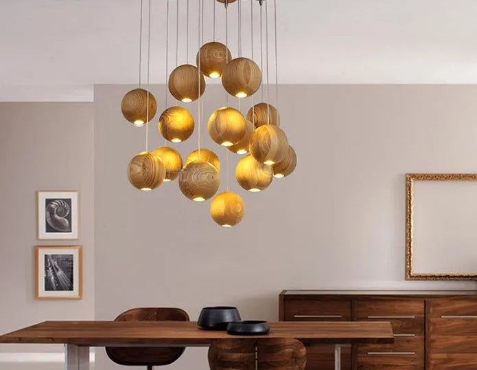 Nordic wood ball chandelier with adjustable height showing wood construction and spherical design