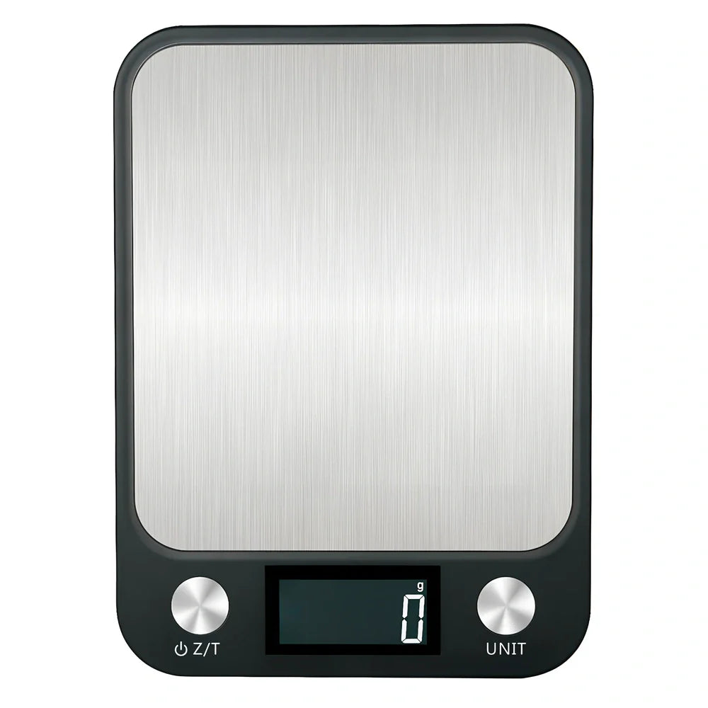 Stainless steel digital kitchen scale with LCD display showing weight measurement