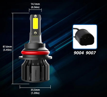 Pair of 6000K white LED car headlight bulbs with adjustable chuck and connector on a dark background.