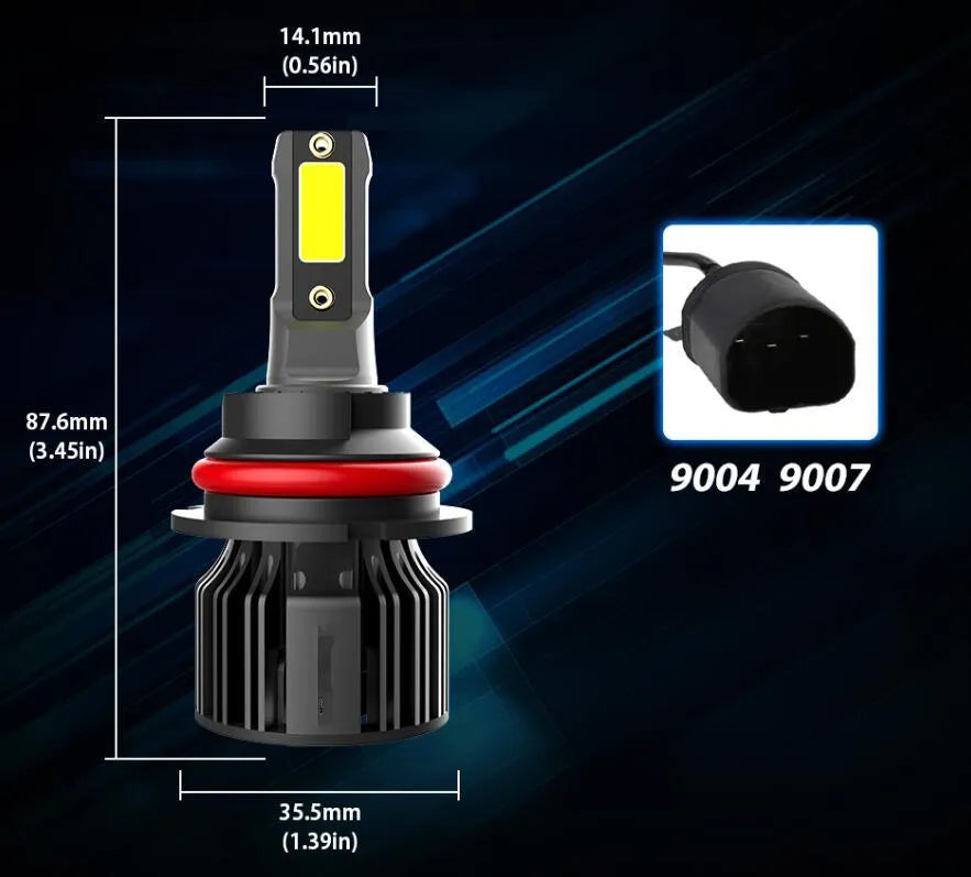 Close-up of 6000K white LED car headlight bulb with aluminium heat sink, showing adjustable chuck and connector.