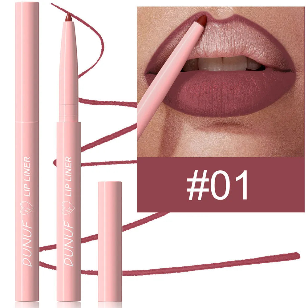 Velvet matte lip liner pencil in one of 12 colours with soft blunt tip for lip definition