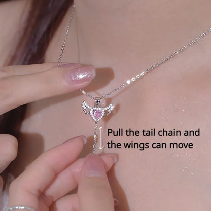Cupid heart angel wings necklace with titanium steel, zircon crystal and 41-50cm O-shaped chain in silver or gold