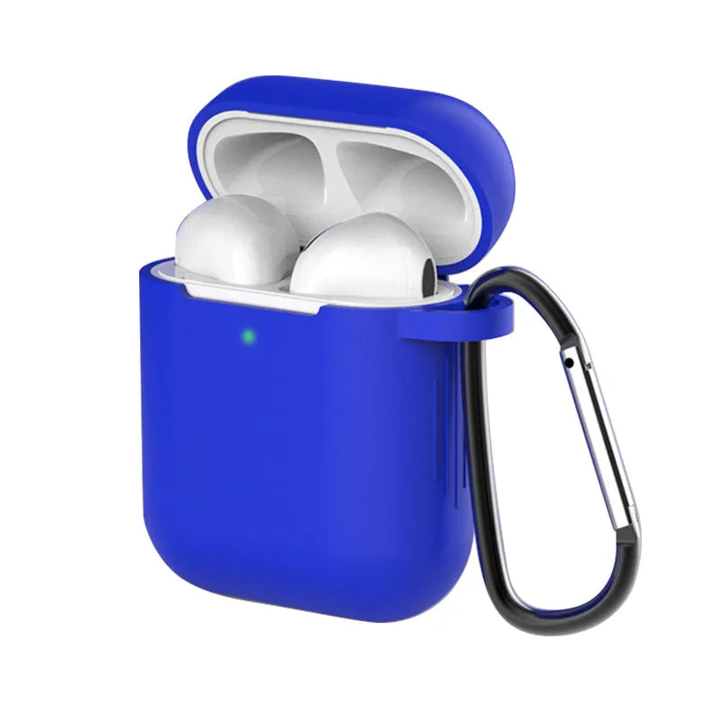 Liquid silicone protective clamshell case for Apple AirPods, shown in multiple colours on a white background.