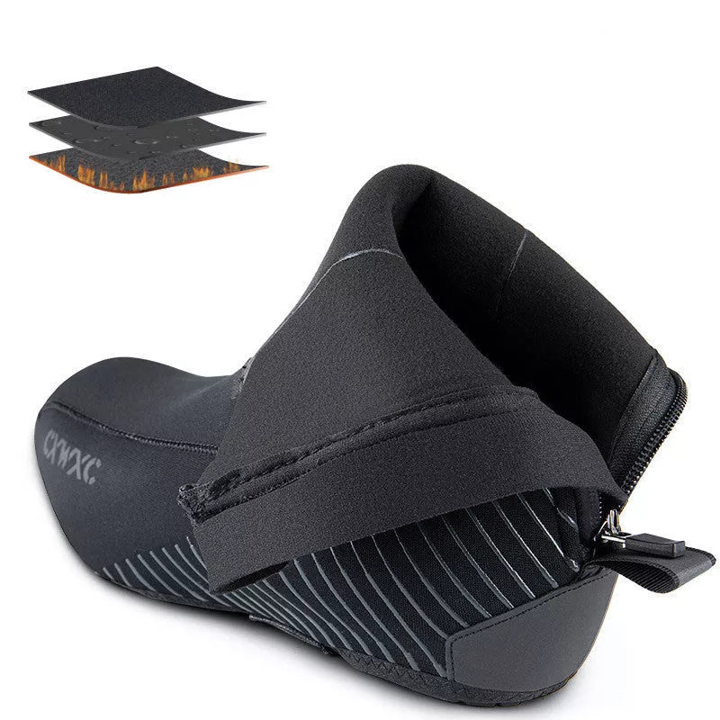 Black bike shoe cover with reflective details for wind and waterproof protection