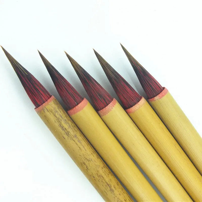 Red Chinese calligraphy brush with a 1.6cm long brush head and a 23cm wooden penholder.