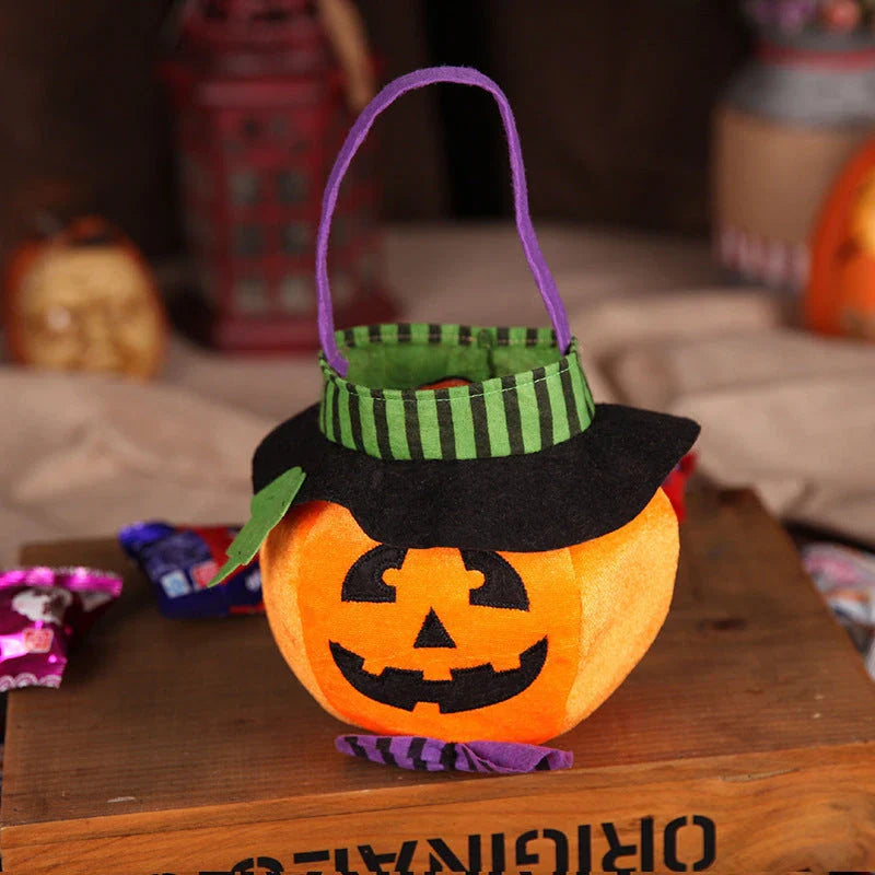 Festive Halloween candy bags with pumpkin and witch designs, great for trick-or-treating or handing out sweets