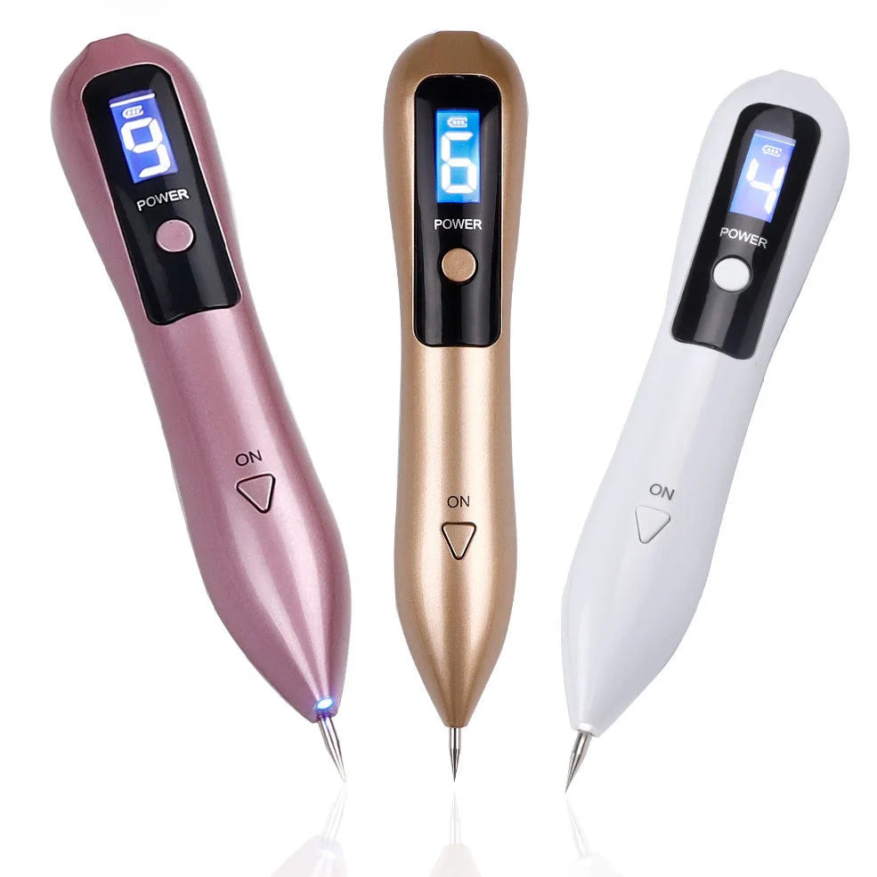 Laser beauty point pen with LCD display showing power level, stainless steel tip, and USB charging port