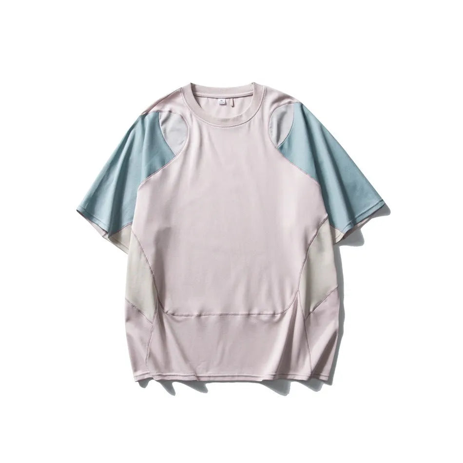 Men's loose blue cotton blend sports T-shirt with short raglan sleeves on a hanger.