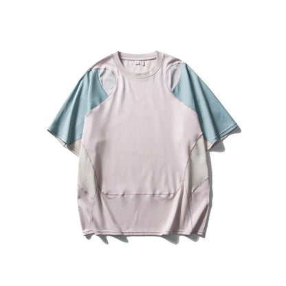 Men's loose blue cotton blend sports T-shirt with short raglan sleeves on a hanger.