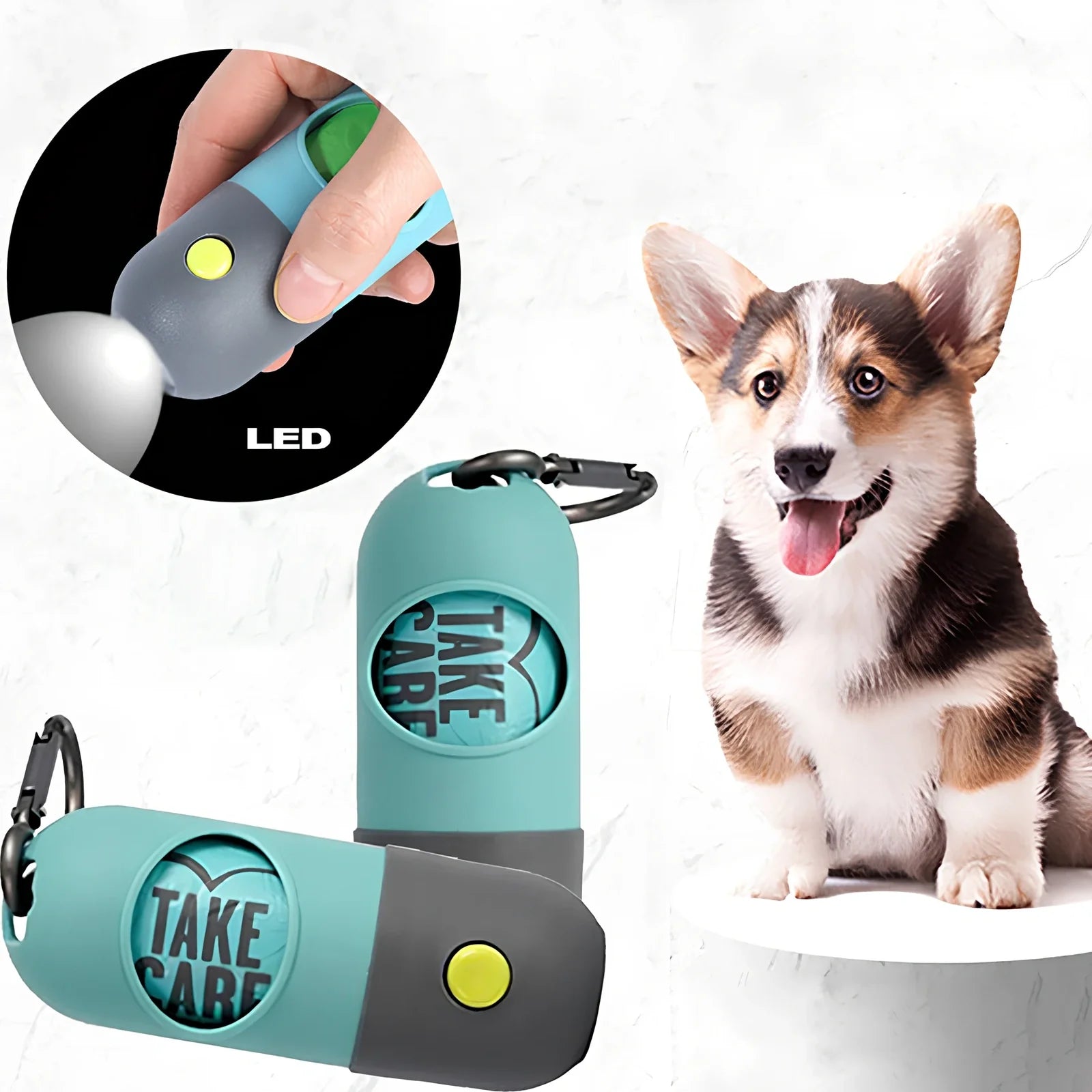 Grey-blue LED pet waste bag dispenser with metal carabiner clip measuring 10x4.5cm