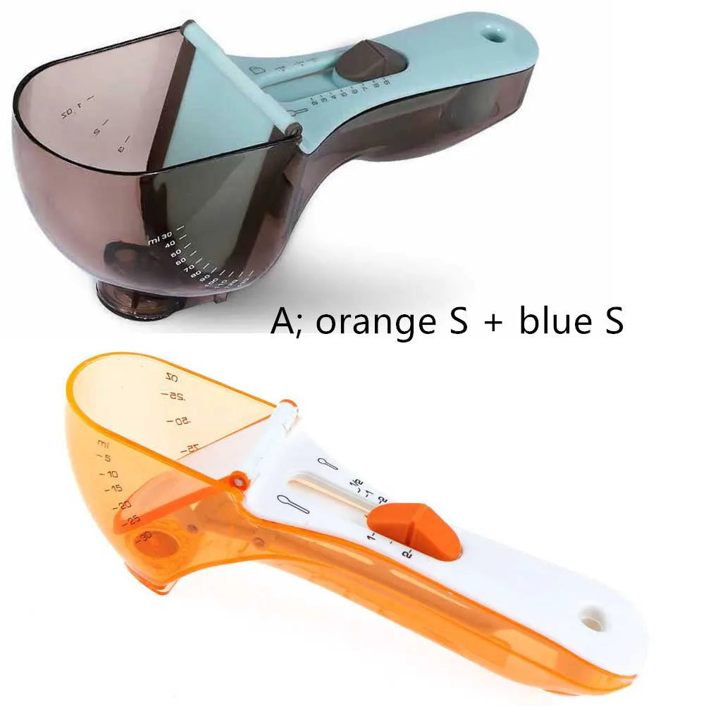 Orange and blue digital measuring spoon set showing measurement units and ergonomic handle.