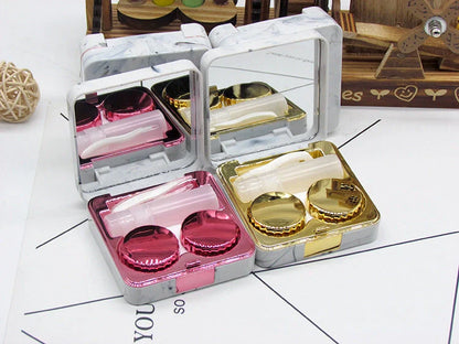 Square contact lenses case with marble surface and mirror, includes lens care accessories