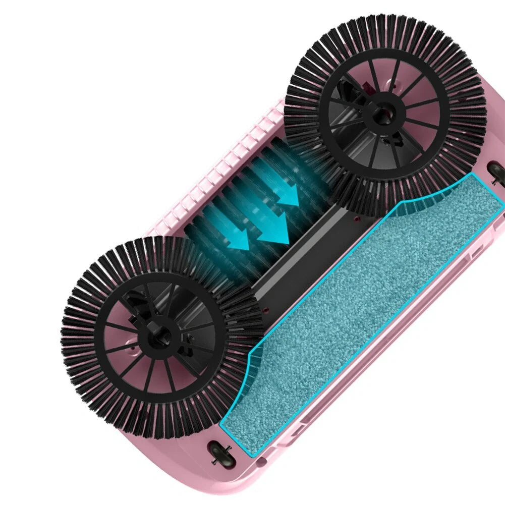 3-in-1 hand push sweeper with broom, dustpan, and trash bin in pink and blue colors