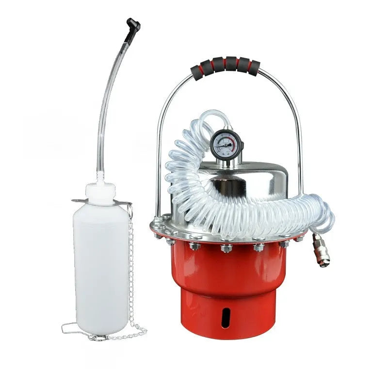 Pneumatic brake fluid replacement machine with large tank, pressure gauge, regulator, and transparent drain pipe.