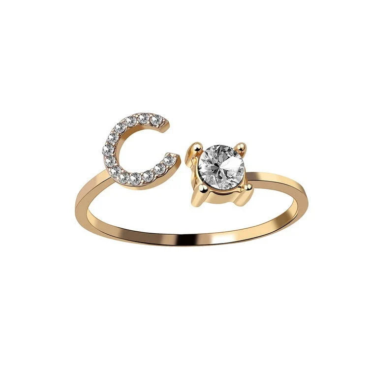 Personalized Initial Letter Adjustable Ring made of copper alloy and zircon, showcasing a vintage-inspired design