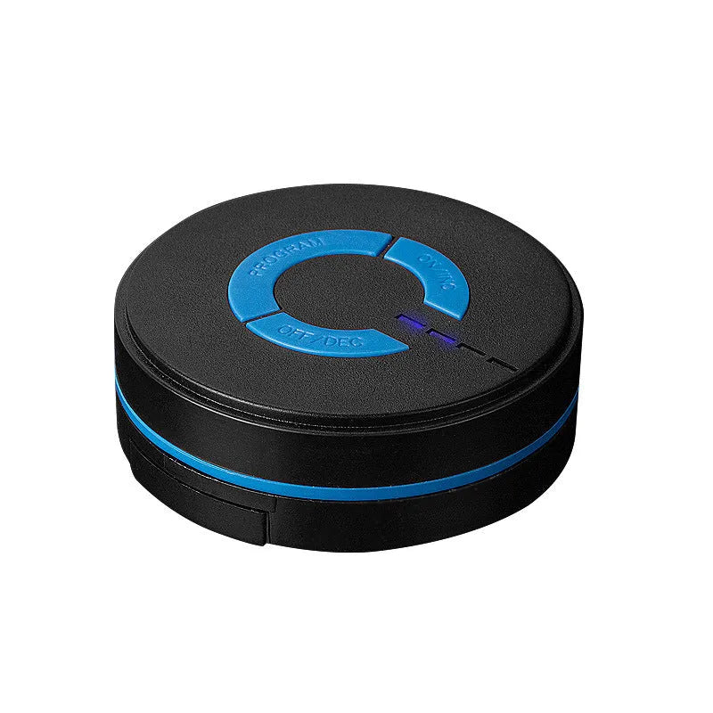 Black HQ-185 mini electric shoulder and neck massager with massage patch, showing compact 15cm size.