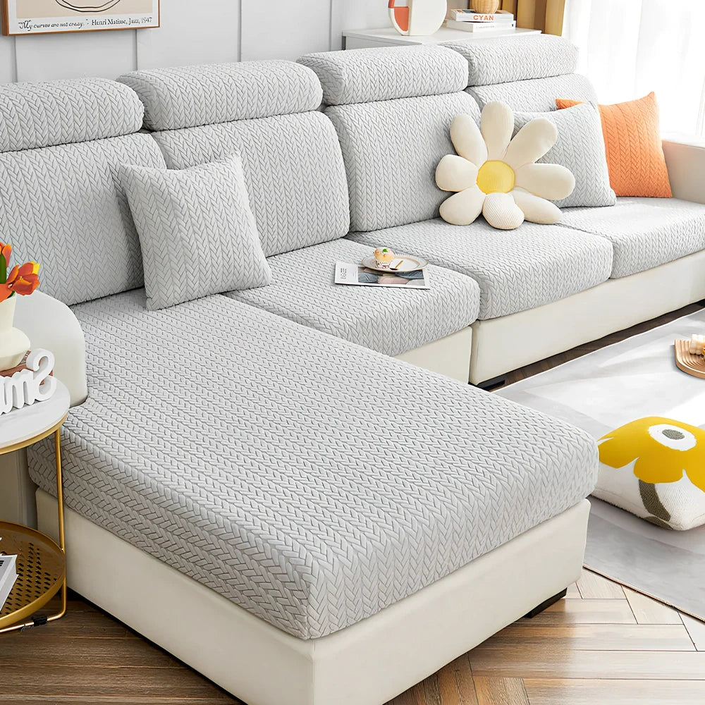 Elastic sofa cover with plant flower pattern on combination sofa in lake blue colour