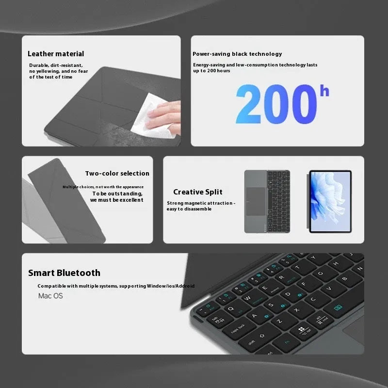 Gray wireless Bluetooth folding keyboard shown both folded to 15cm and extended to 30cm width