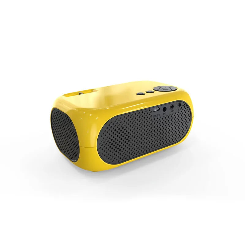 M24 gold and white portable mini LED projector with remote on a wooden table.
