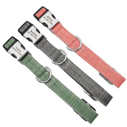 Custom engraved nylon dog collar with adjustable strap and personalized tag in various colors