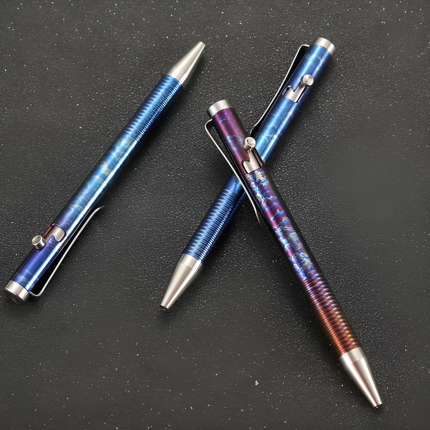 Titanium alloy gun bolt handle ballpoint pen in phantom colour showing 122mm length