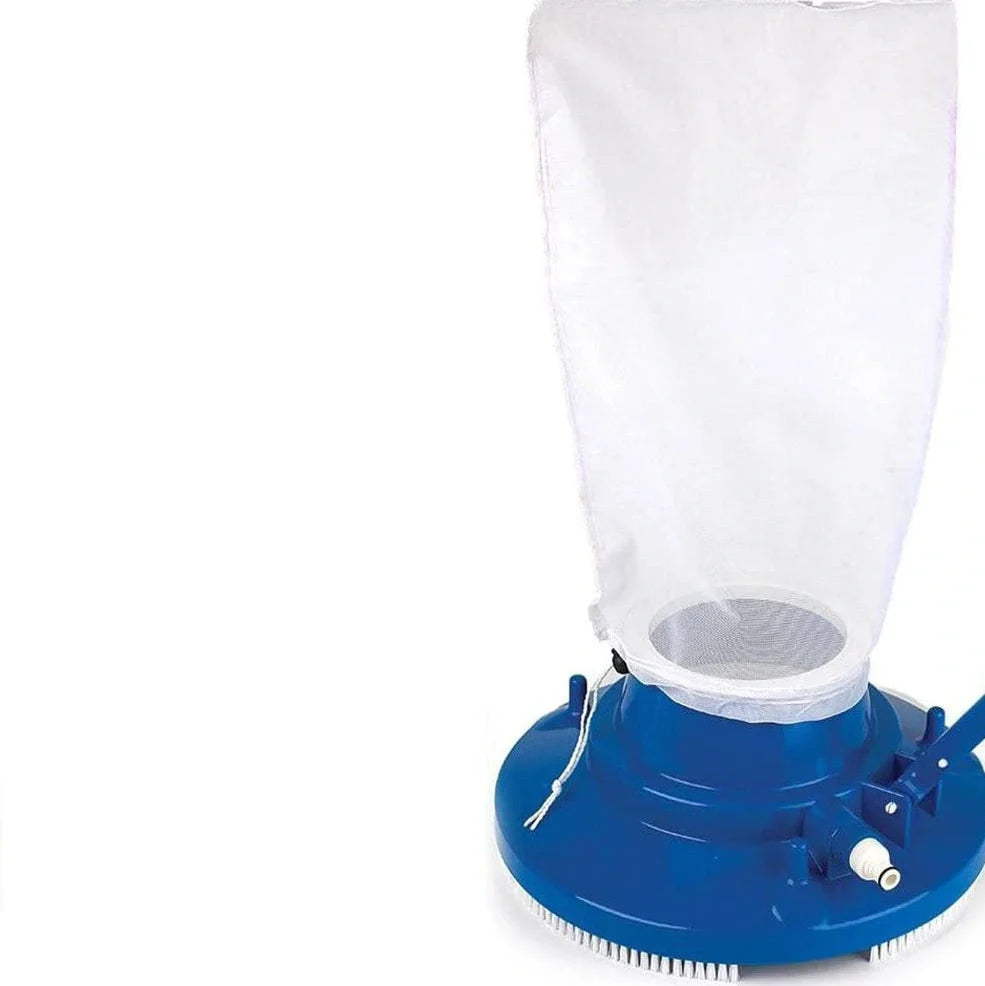 Blue swimming pool vacuum cleaner with suction head and mesh bag for garden hose attachment