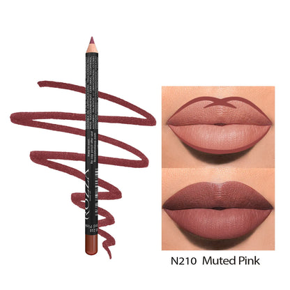 Matte lip liner pencil in wooden casing shown in shade range 201-214 on a white background