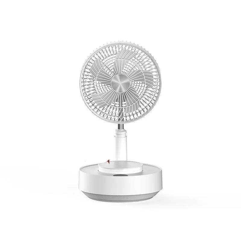 Green and white storage floor electric fan extended to vertical position with remote control