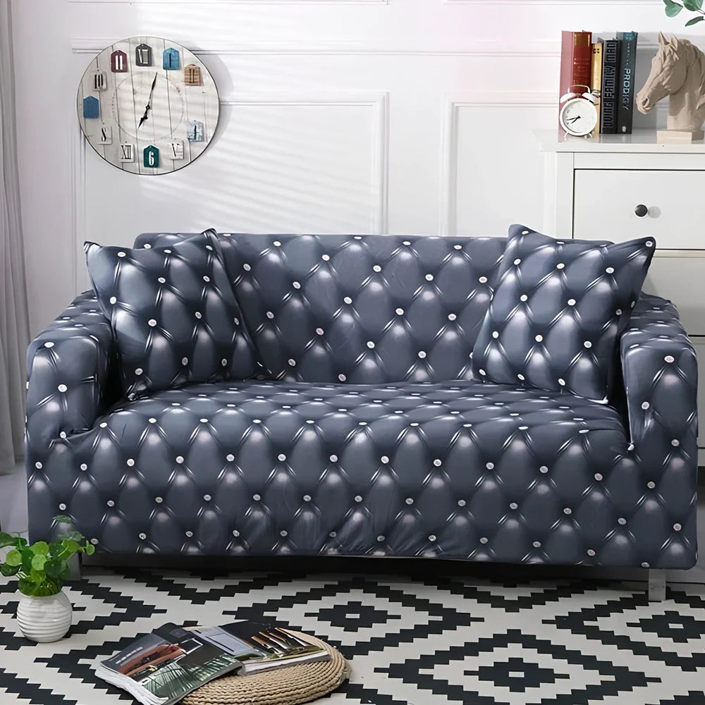 Blue elastic stretch sofa cover on furniture showing fitted appearance and elastic edges