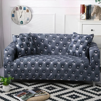 Blue elastic stretch sofa cover on furniture showing fitted appearance and elastic edges