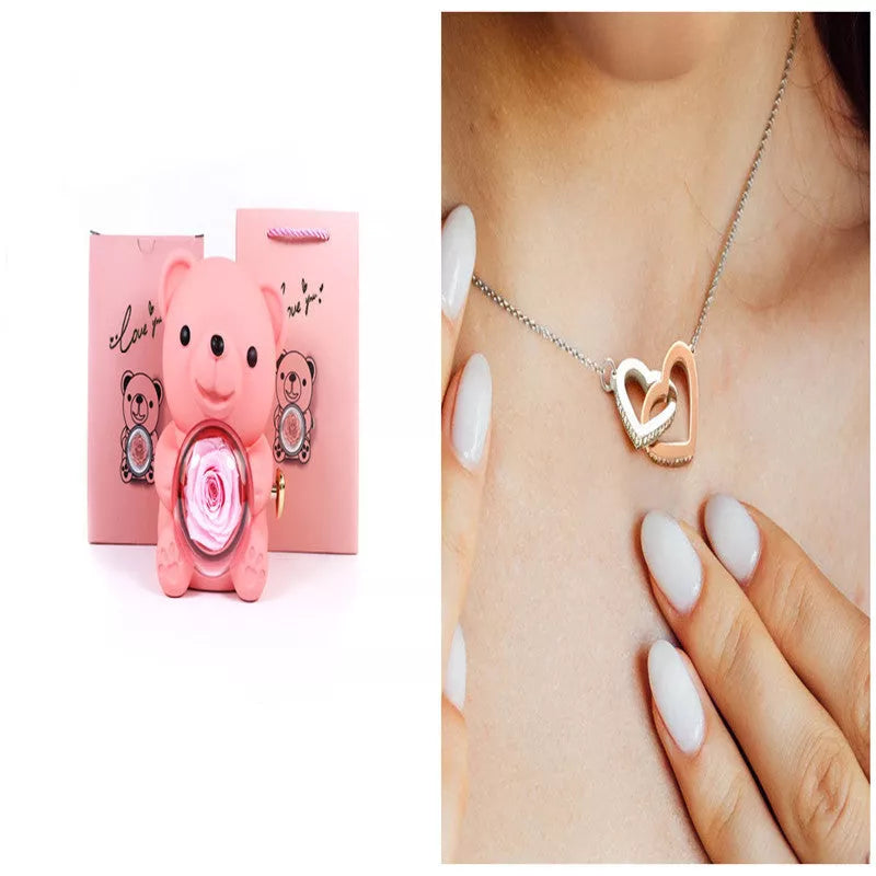 Eternal Rose Teddy Bear Jewelry Box with rotating drawer and preserved rose